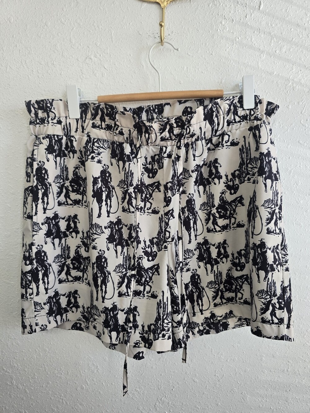 Two Fly Western Cowboy Print Shorts M Black Cream Drawstring Rodeo